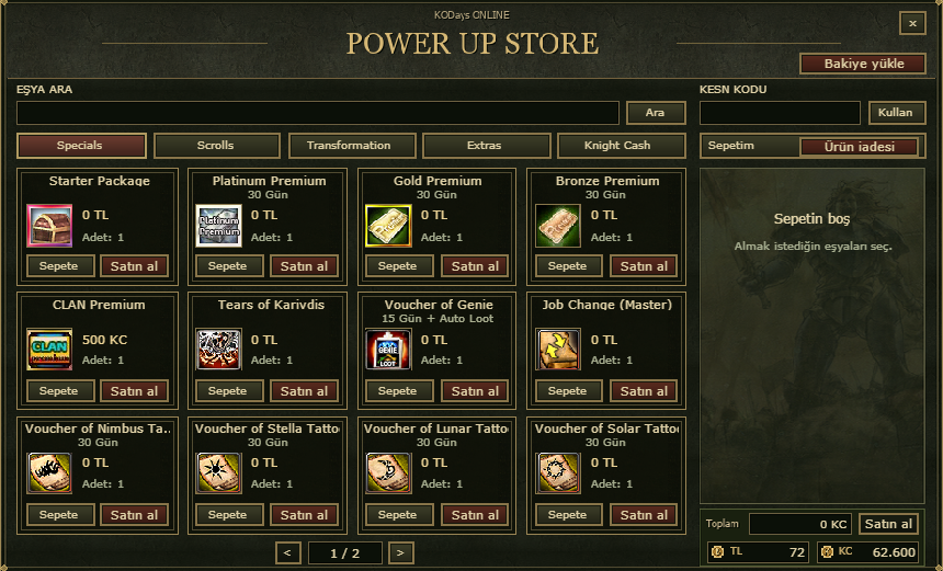 KODays Online Power Up Store: ürün kategorileri, arama, KESN kodu, sepet ve bakiye alanları.